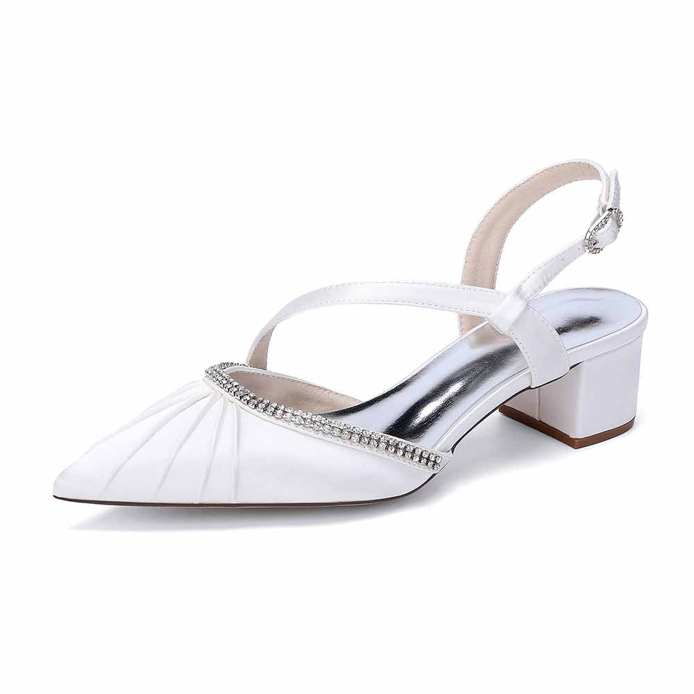 Women's Rhinestone Pointed Toe Chunky Heel Dress Shoes - Multiple Colors Satin Backless Pumps for Wedding/Party/Formal Events
