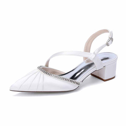 Women's Rhinestone Pointed Toe Chunky Heel Dress Shoes - Multiple Colors Satin Backless Pumps for Wedding/Party/Formal Events