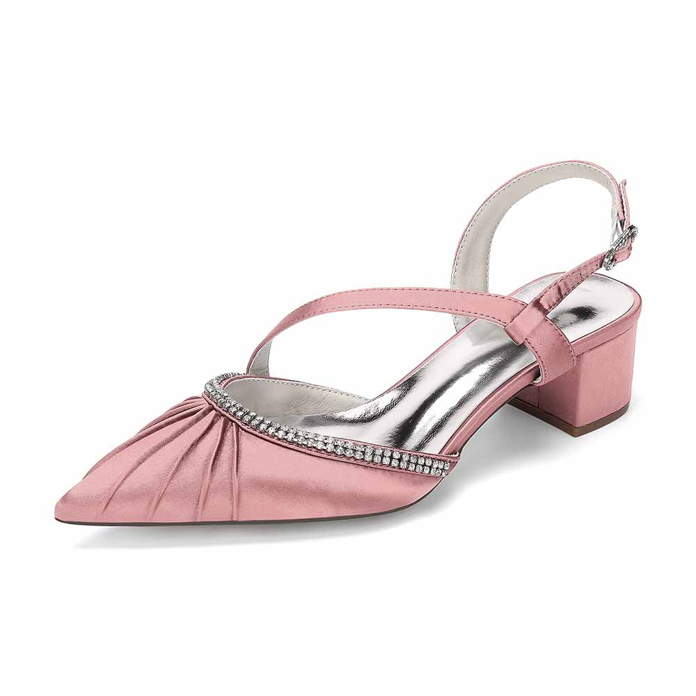 Women's Rhinestone Pointed Toe Chunky Heel Dress Shoes - Multiple Colors Satin Backless Pumps for Wedding/Party/Formal Events