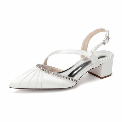 Women's Rhinestone Pointed Toe Chunky Heel Dress Shoes - Multiple Colors Satin Backless Pumps for Wedding/Party/Formal Events