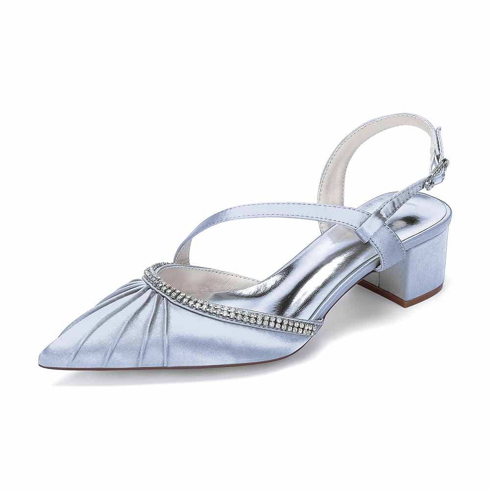 Women's Rhinestone Pointed Toe Chunky Heel Dress Shoes - Multiple Colors Satin Backless Pumps for Wedding/Party/Formal Events
