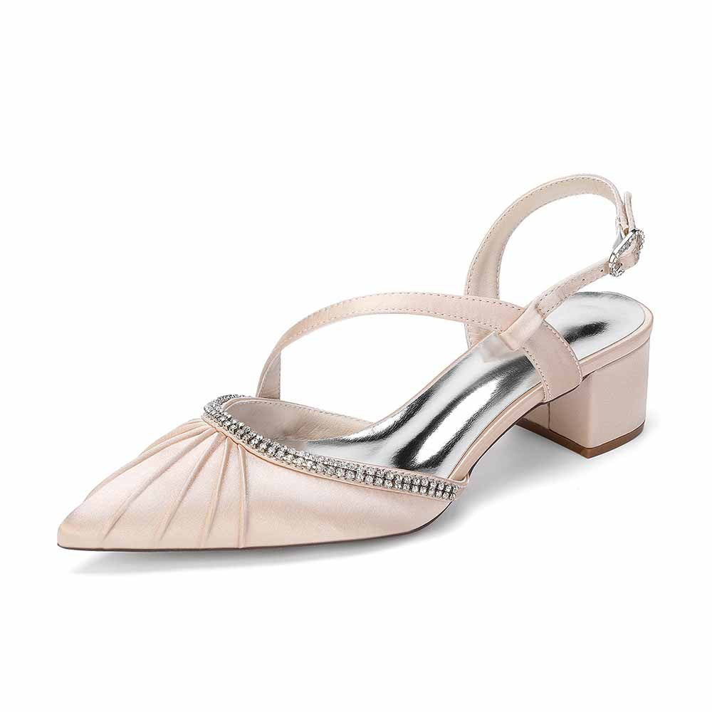 Women's Rhinestone Pointed Toe Chunky Heel Dress Shoes - Multiple Colors Satin Backless Pumps for Wedding/Party/Formal Events