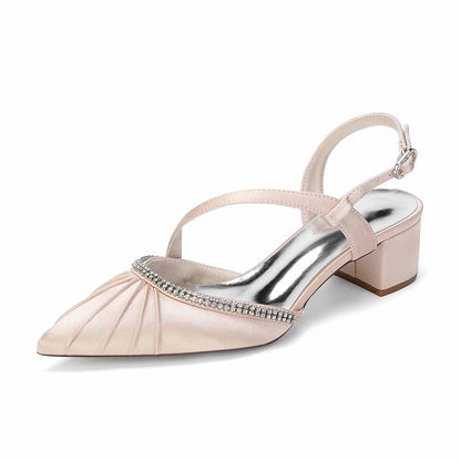 Women's Rhinestone Pointed Toe Chunky Heel Dress Shoes - Multiple Colors Satin Backless Pumps for Wedding/Party/Formal Events