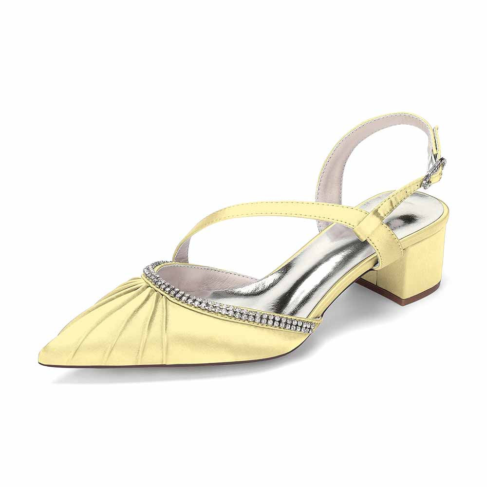 Women's Rhinestone Pointed Toe Chunky Heel Dress Shoes - Multiple Colors Satin Backless Pumps for Wedding/Party/Formal Events