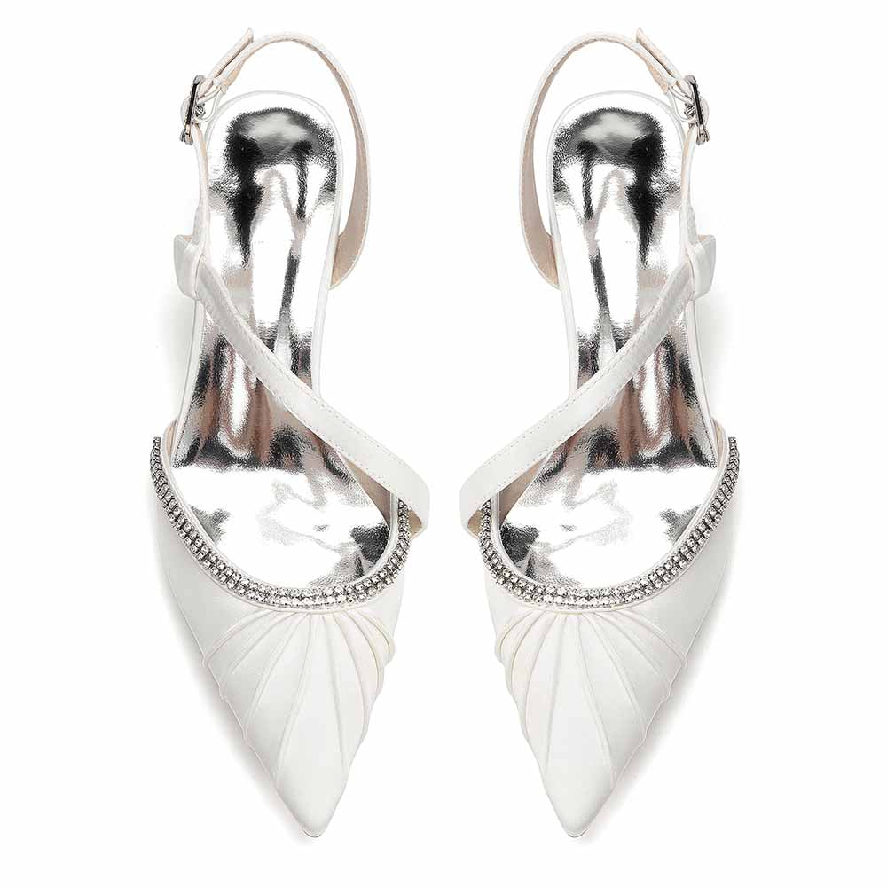 Women's Rhinestone Pointed Toe Chunky Heel Dress Shoes - Multiple Colors Satin Backless Pumps for Wedding/Party/Formal Events