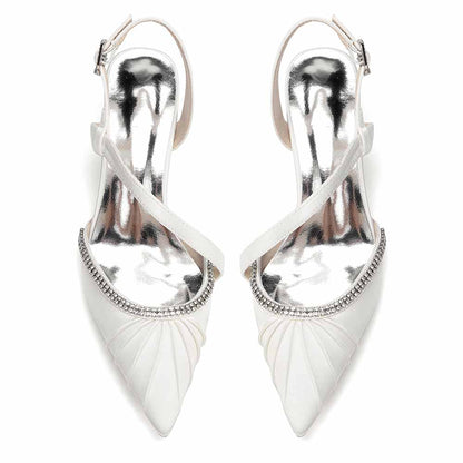 Women's Rhinestone Pointed Toe Chunky Heel Dress Shoes - Multiple Colors Satin Backless Pumps for Wedding/Party/Formal Events