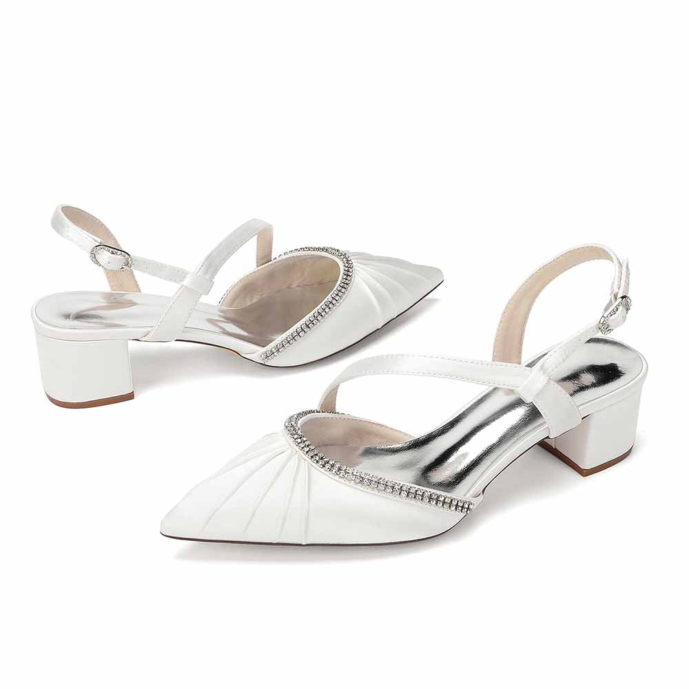 Women's Rhinestone Pointed Toe Chunky Heel Dress Shoes - Multiple Colors Satin Backless Pumps for Wedding/Party/Formal Events