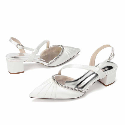 Women's Rhinestone Pointed Toe Chunky Heel Dress Shoes - Multiple Colors Satin Backless Pumps for Wedding/Party/Formal Events