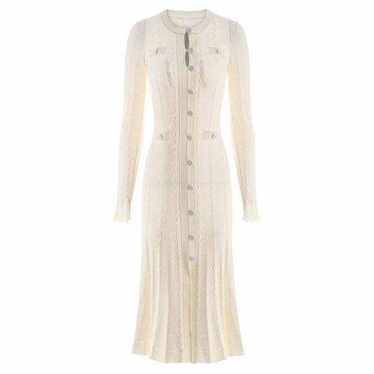 Women's Ribbed-knit Button-up Cream White Midi Dress