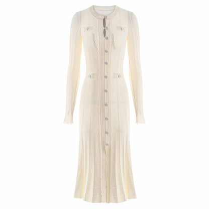 Women's Ribbed-knit Button-up Cream White Midi Dress