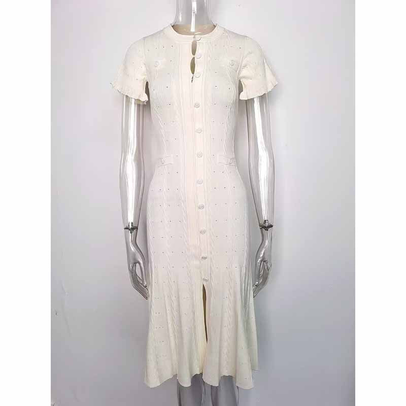 Women's Ribbed-knit Button-up Cream White Midi Dress