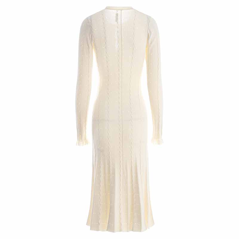 Women's Ribbed-knit Button-up Cream White Midi Dress