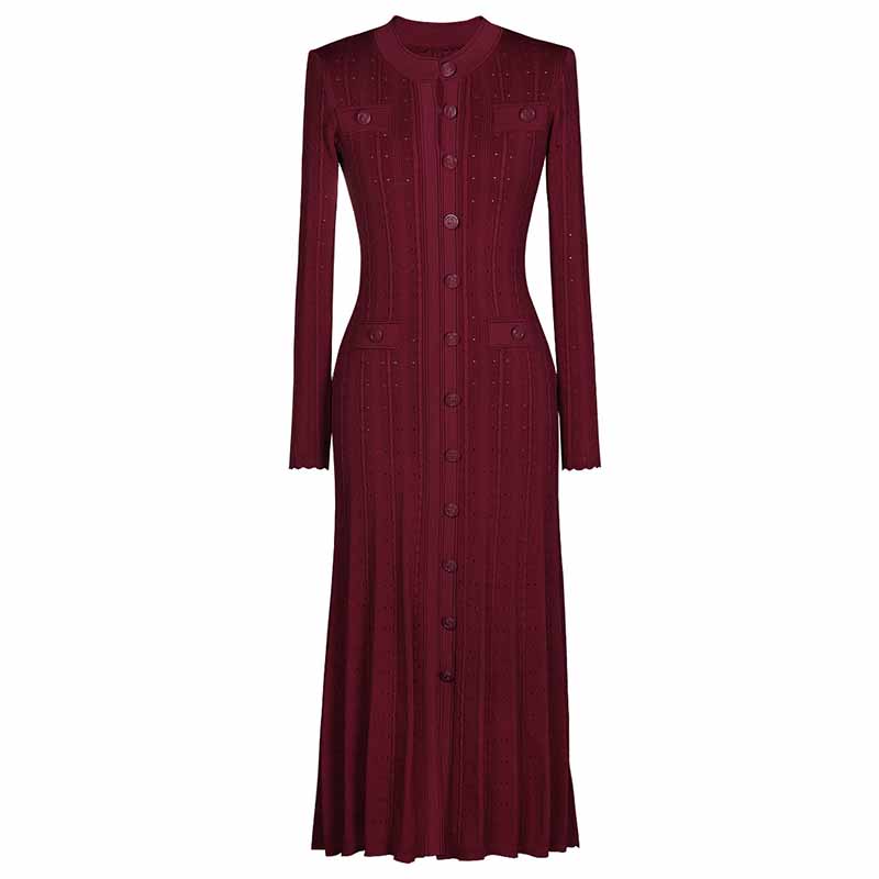 Women's Ribbed-knit Button-up Long Sleeved Midi Dress