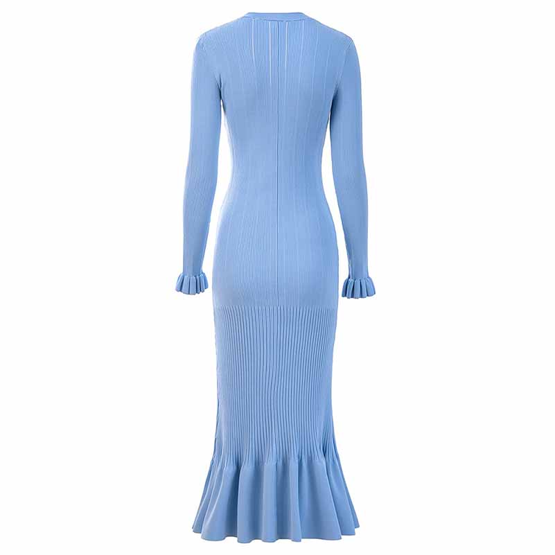 Women's Ribbed-knit V-Neck Long Sleeved Midi Dress