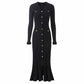 Women's Ribbed-knit V-Neck Long Sleeved Midi Dress