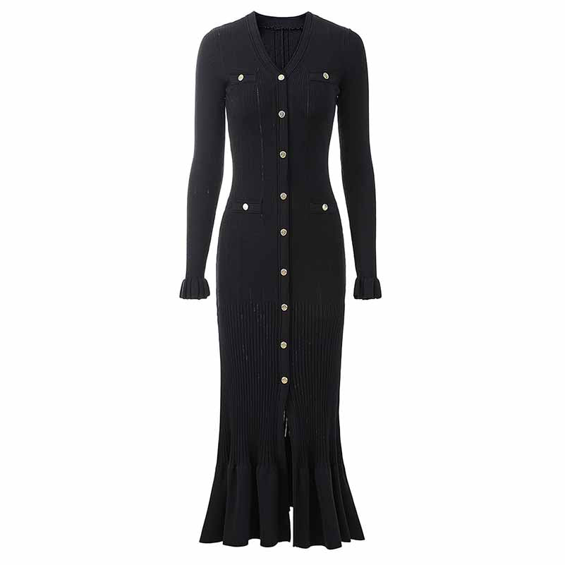 Women's Ribbed-knit V-Neck Long Sleeved Midi Dress