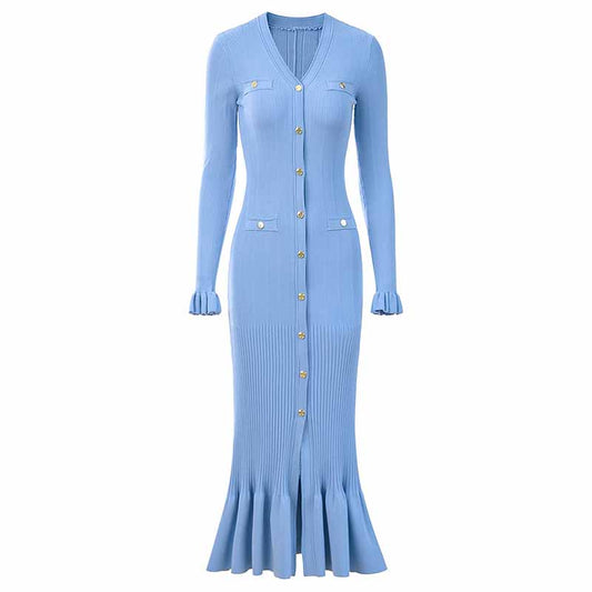 Women's Ribbed-knit V-Neck Long Sleeved Midi Dress