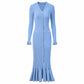 Women's Ribbed-knit V-Neck Long Sleeved Midi Dress