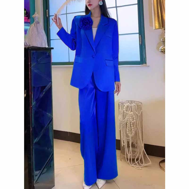 Women's Royal Blue Suit One Button Blazer Trousers Set Fashionable Pantsuit