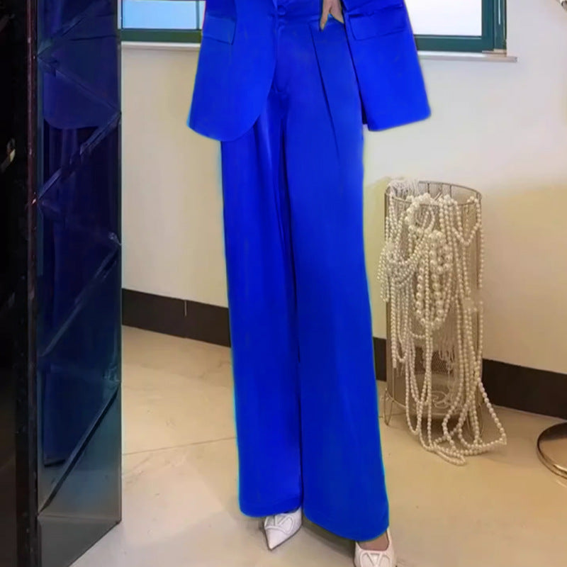 Women's Royal Blue Suit One Button Blazer Trousers Set Fashionable Pantsuit