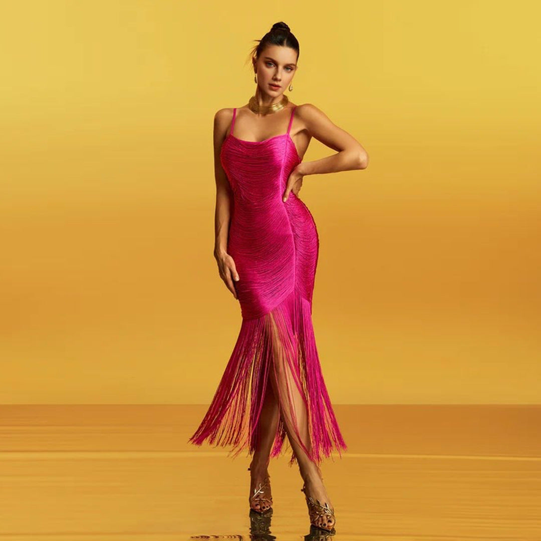 Navy Blue & Fuchsia Fringe Maxi Dress Women's Ruched Slit Dress