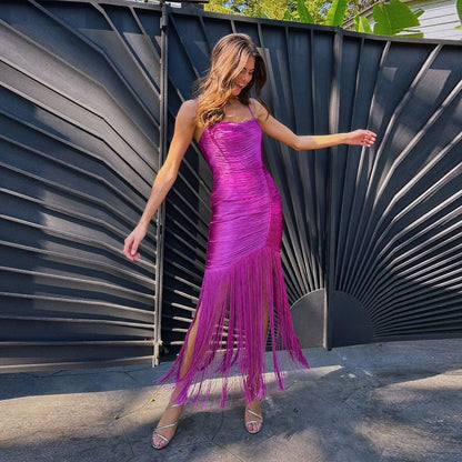 Navy Blue & Fuchsia Fringe Maxi Dress Women's Ruched Slit Dress