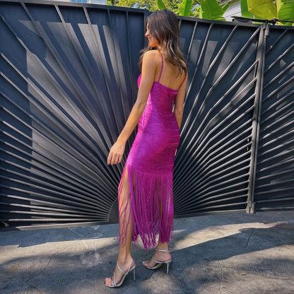 Navy Blue & Fuchsia Fringe Maxi Dress Women's Ruched Slit Dress