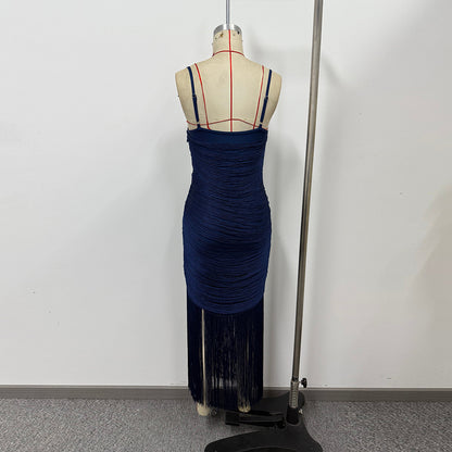 Navy Blue & Fuchsia Fringe Maxi Dress Women's Ruched Slit Dress