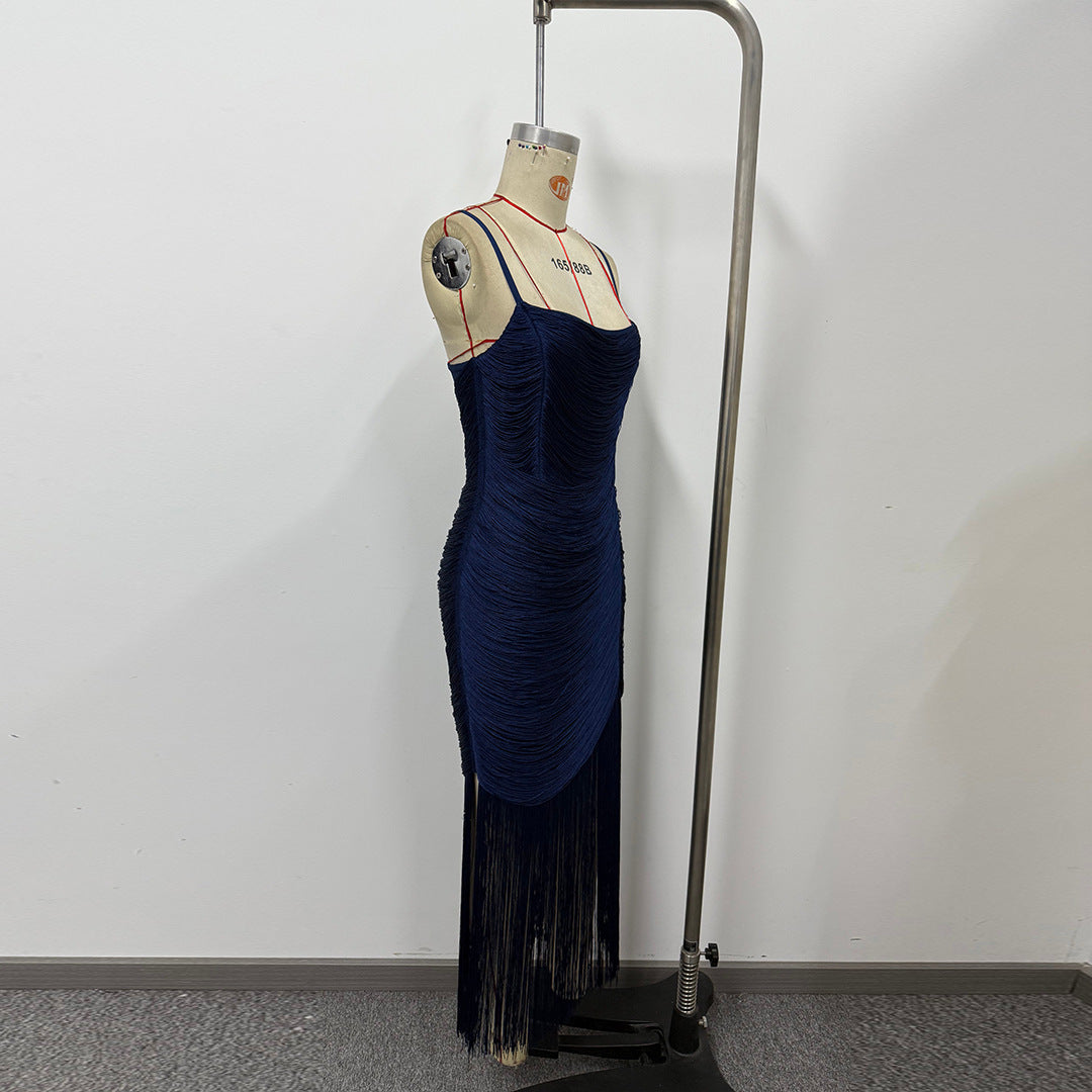 Navy Blue & Fuchsia Fringe Maxi Dress Women's Ruched Slit Dress
