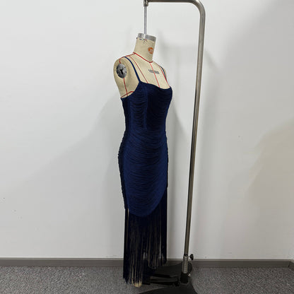 Navy Blue & Fuchsia Fringe Maxi Dress Women's Ruched Slit Dress
