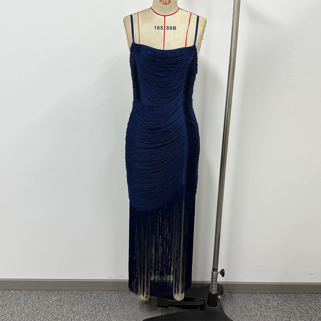 Navy Blue & Fuchsia Fringe Maxi Dress Women's Ruched Slit Dress