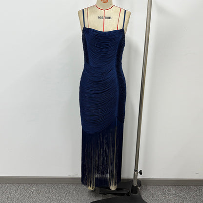 Navy Blue & Fuchsia Fringe Maxi Dress Women's Ruched Slit Dress