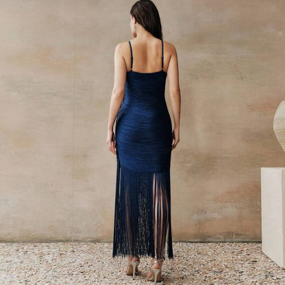 Navy Blue & Fuchsia Fringe Maxi Dress Women's Ruched Slit Dress