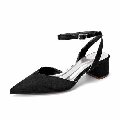 Women's Satin Ankle Strap Block Heel Pumps | Pointed Toe Elegant Shoes