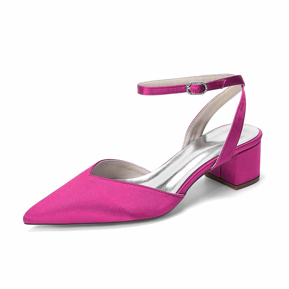Women's Satin Ankle Strap Block Heel Pumps | Pointed Toe Elegant Shoes