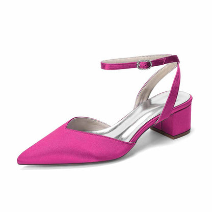 Women's Satin Ankle Strap Block Heel Pumps | Pointed Toe Elegant Shoes
