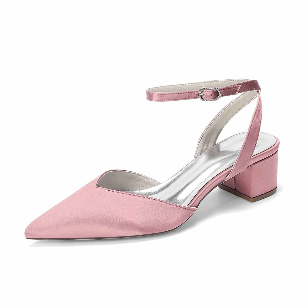 Women's Satin Ankle Strap Block Heel Pumps | Pointed Toe Elegant Shoes