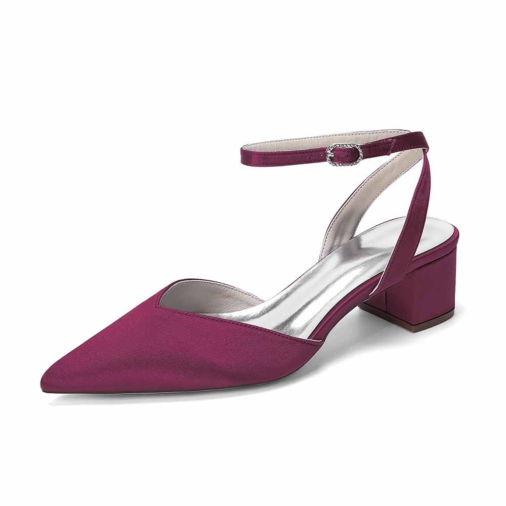 Women's Satin Ankle Strap Block Heel Pumps | Pointed Toe Elegant Shoes