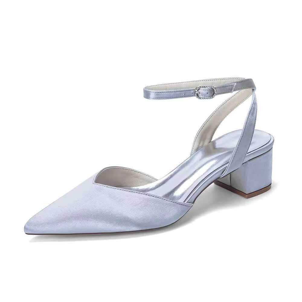 Women's Satin Ankle Strap Block Heel Pumps | Pointed Toe Elegant Shoes
