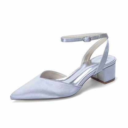 Women's Satin Ankle Strap Block Heel Pumps | Pointed Toe Elegant Shoes