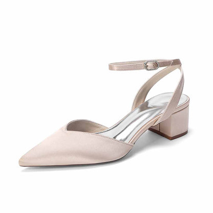 Women's Satin Ankle Strap Block Heel Pumps | Pointed Toe Elegant Shoes