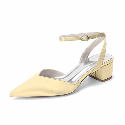 Women's Satin Ankle Strap Block Heel Pumps | Pointed Toe Elegant Shoes