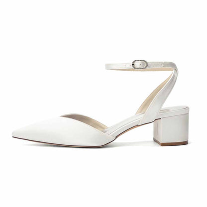 Women's Satin Ankle Strap Block Heel Pumps | Pointed Toe Elegant Shoes