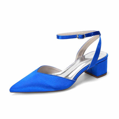 Women's Satin Ankle Strap Block Heel Pumps | Pointed Toe Elegant Shoes