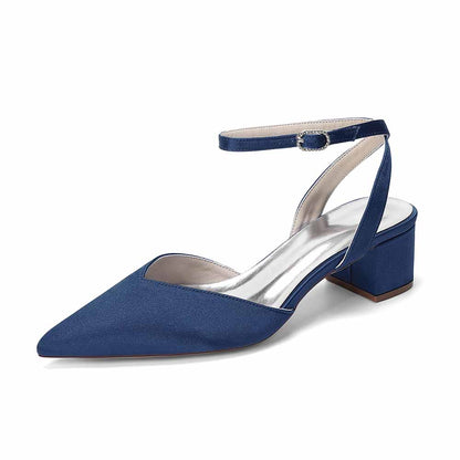 Women's Satin Ankle Strap Block Heel Pumps | Pointed Toe Elegant Shoes