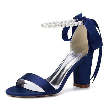 Women's Satin Ankle Strap Block Heel Sandals with Pearl Detail | Bridal Wedding Shoes