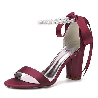 Women's Satin Ankle Strap Block Heel Sandals with Pearl Detail | Bridal Wedding Shoes
