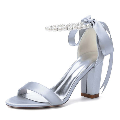 Women's Satin Ankle Strap Block Heel Sandals with Pearl Detail | Bridal Wedding Shoes