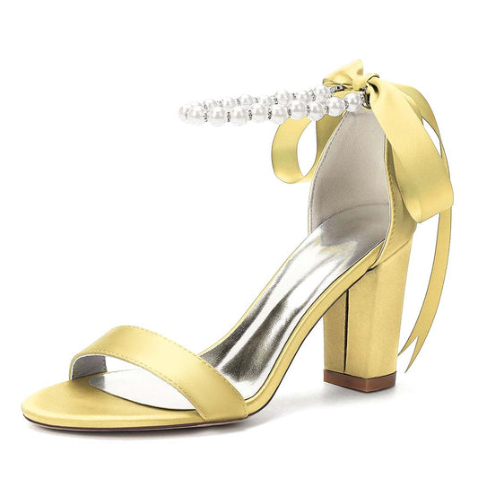 Women's Satin Ankle Strap Block Heel Sandals with Pearl Detail | Bridal Wedding Shoes