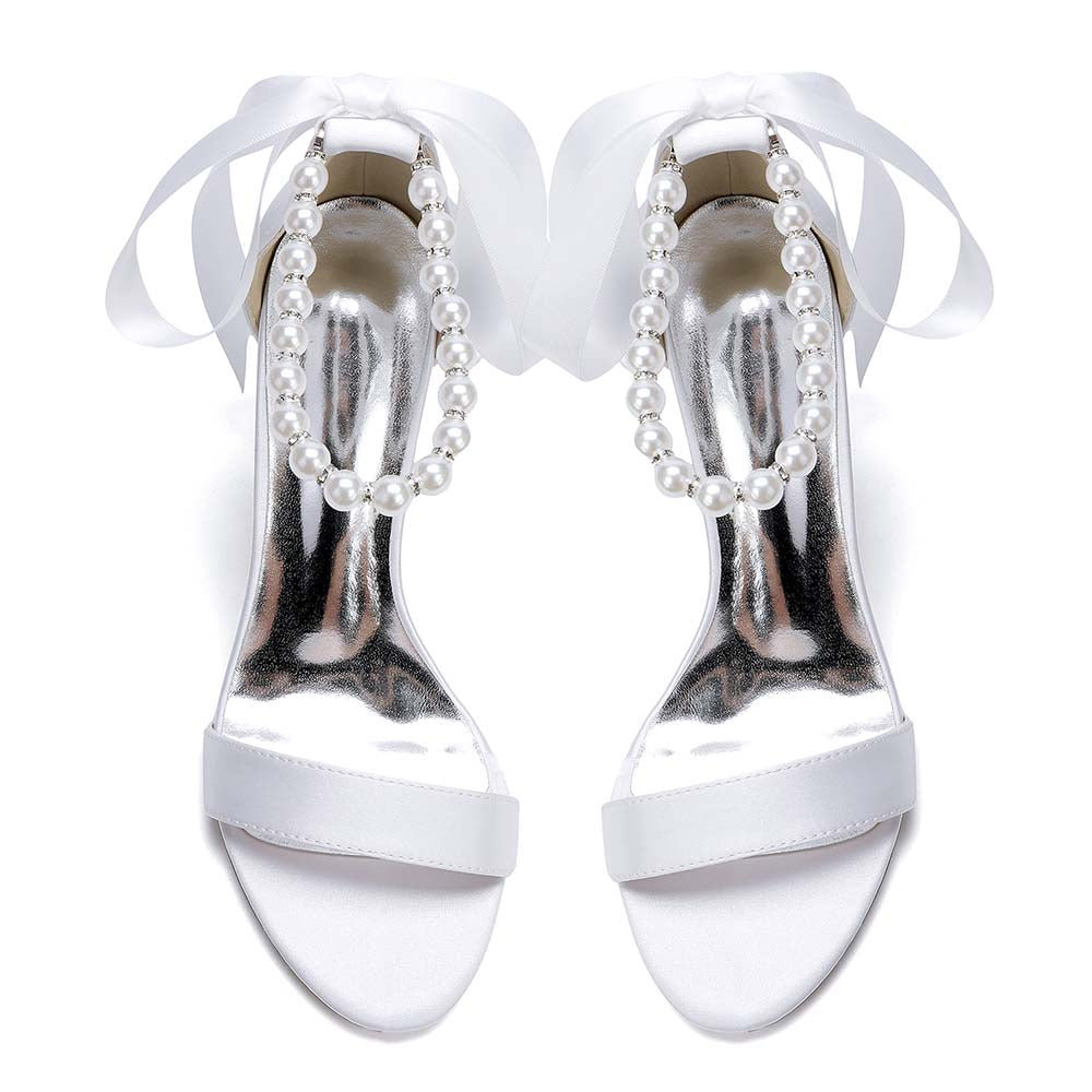 Women's Satin Ankle Strap Block Heel Sandals with Pearl Detail | Bridal Wedding Shoes